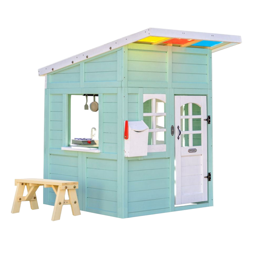 Rainbow-Shade-Wooden-Playhouse-with-Kitchen-Flower-Box-Bench-Blue-Outdoor-25844854390871